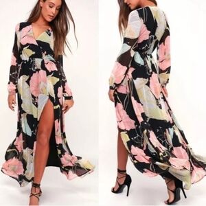 Lulu's Wondrous Water Lilies Black Floral Print Women's Maxi Dress Size M Boho